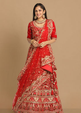 alt message - Mohey Women Red Floral Embroidered Lehenga image number 0
